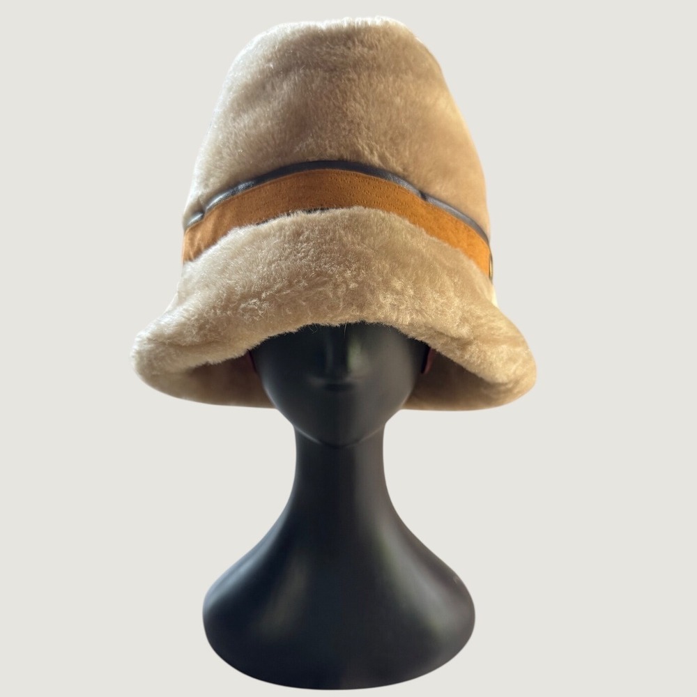 Vintage Union Made Faux Fur Cloche Bucket Hat Tan Brown Buckle Medium